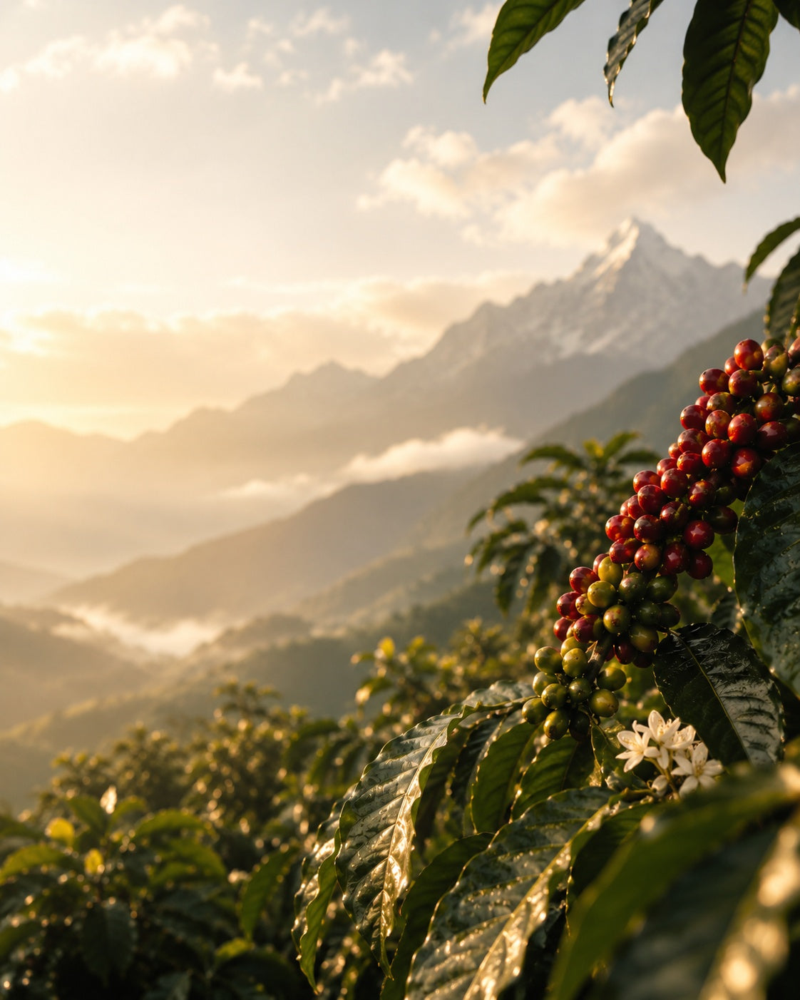 Coffee cherries and Himalayan landscape