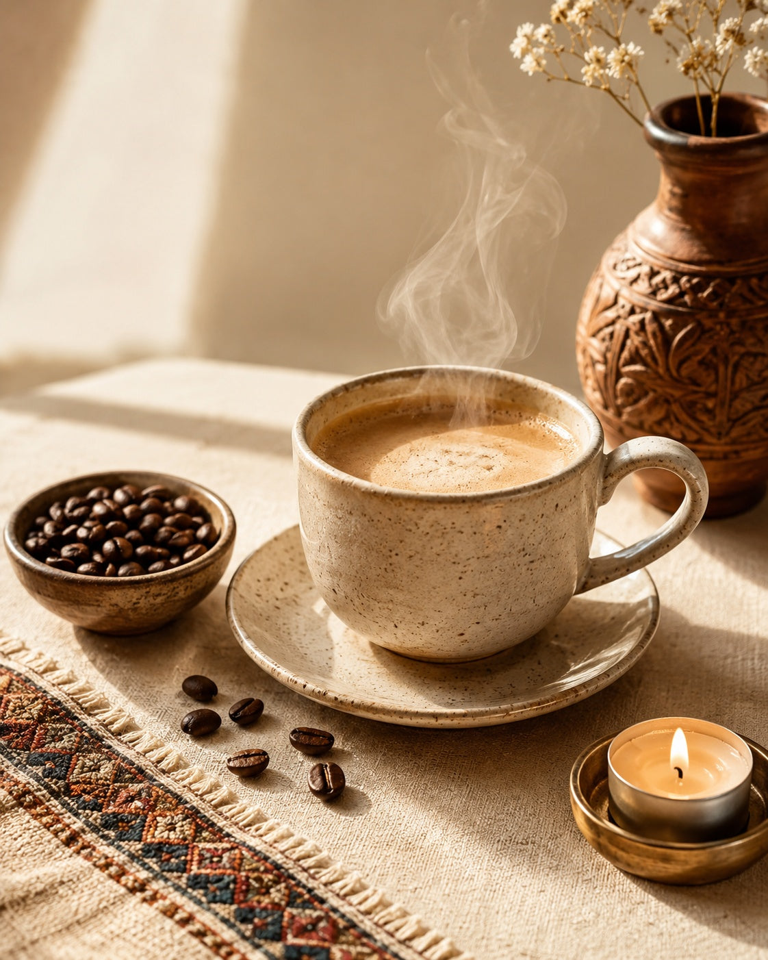 Steaming coffee with roasted beans and candlelight